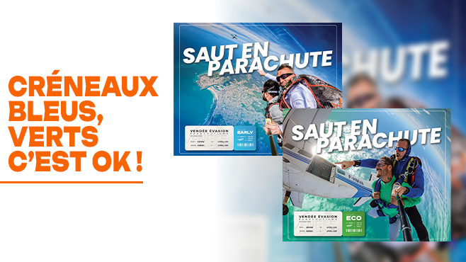 Image montrant deux visuels de sauts en parachute tandem, l’un en bleu et l’autre en vert, accompagnés du texte « Créneaux bleus, verts c’est OK ! ».