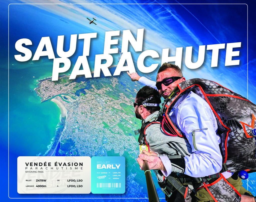 Duo en parachute tandem chutant au‑dessus d’un littoral, avec un avion en arrière‑plan et la mention « Saut en parachute ».