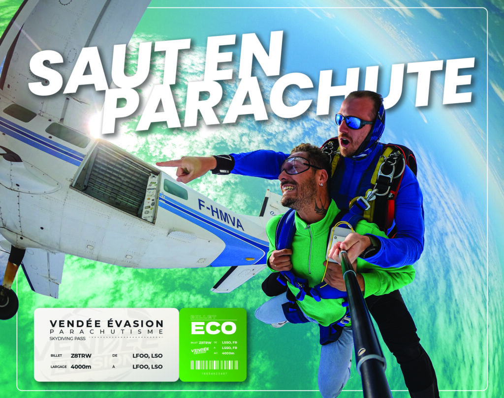 Duo en saut tandem quittant un avion en altitude, filmés en pleine chute libre, avec le texte « Saut en parachute » et un billet vert « ECO ».