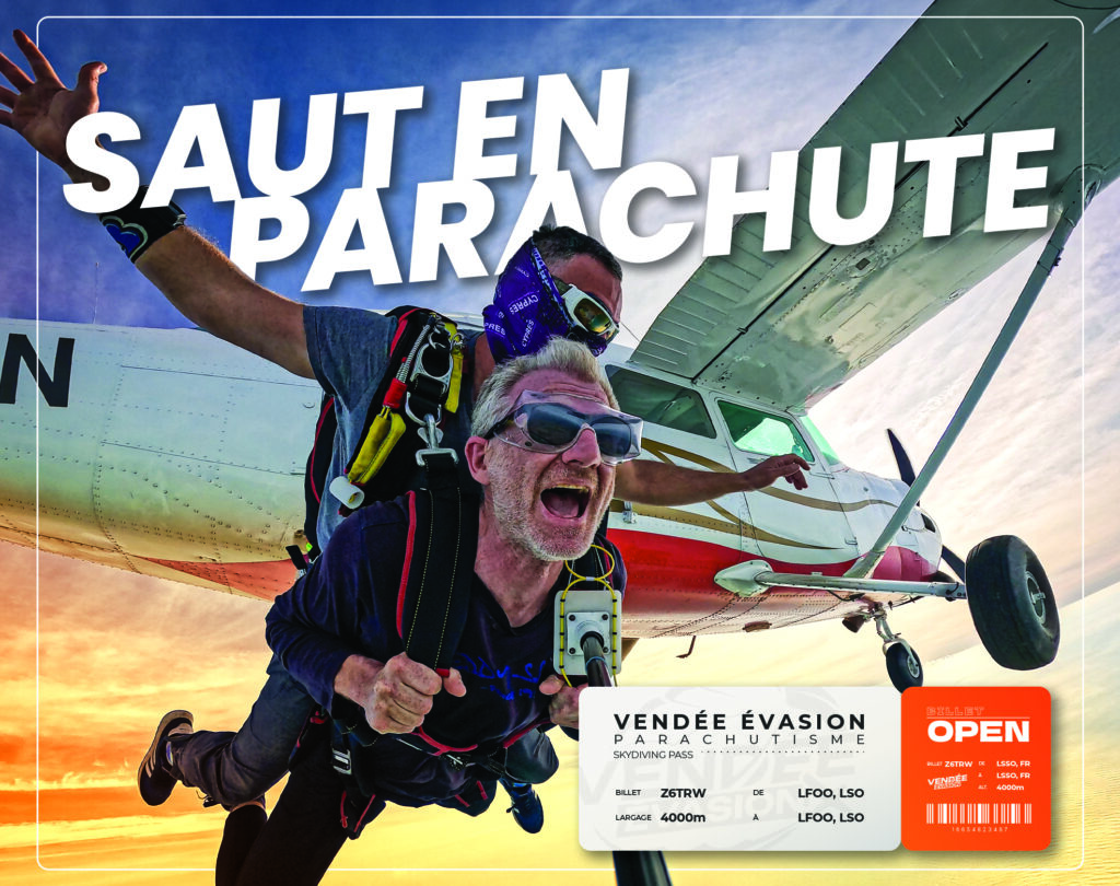 Duo en saut tandem quittant un avion en plein vol avec un coucher de soleil en arrière‑plan, accompagné du texte « Saut en parachute ».
