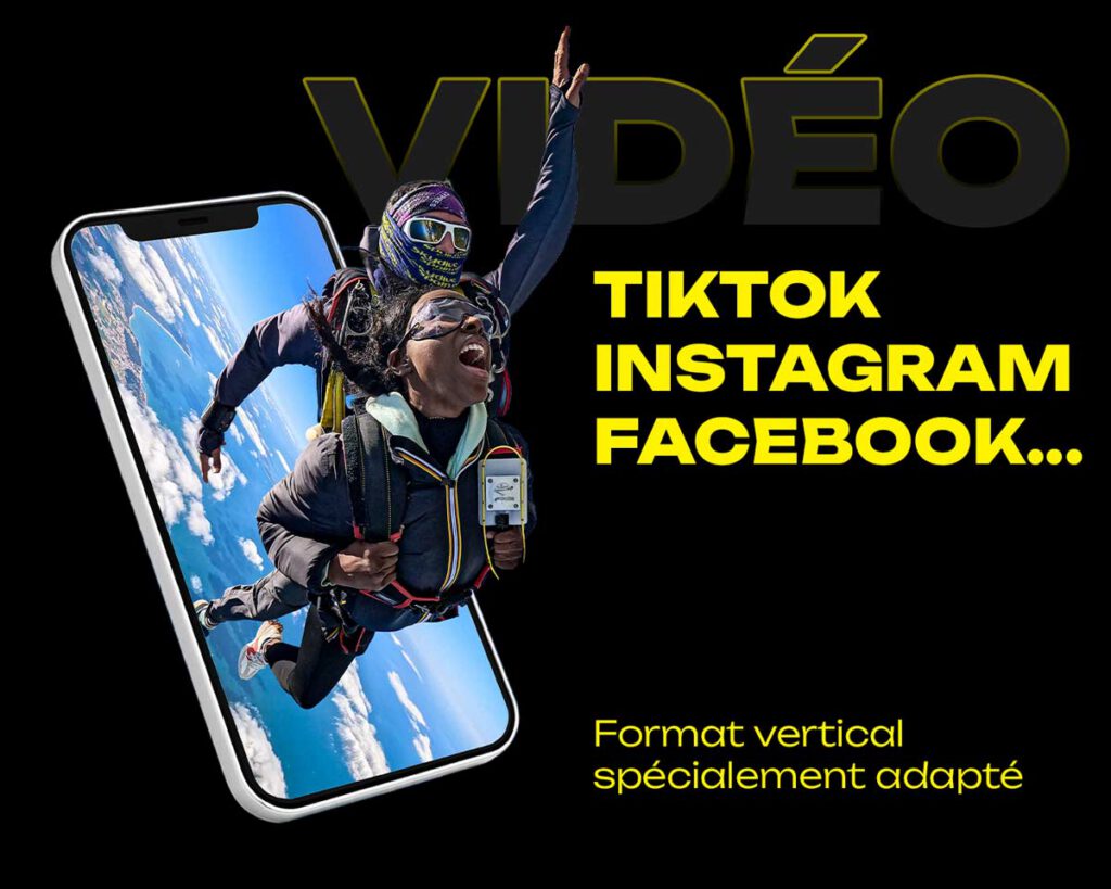 Image montrant un duo en saut tandem apparaissant à l’intérieur de l’écran d’un smartphone, avec le texte « TikTok Instagram Facebook… Format vertical ».